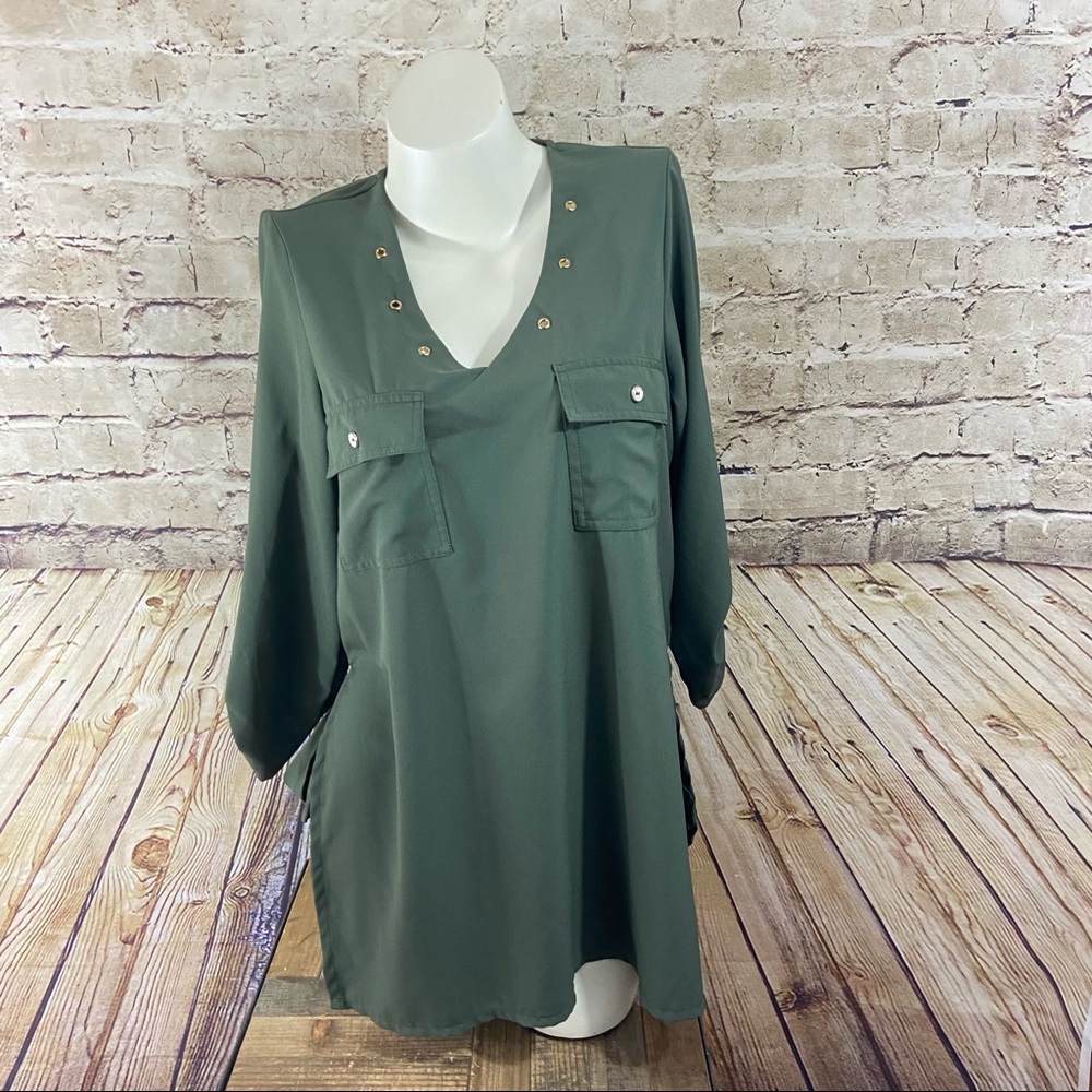 Persaya Olive green quarter sleeve dressy top M